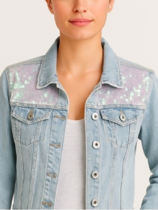 Sunset + Spring Jackets & Blazers - SUNSET + SPRING "Mermaid" Sequin
Light Wash Sequin Denim Jacket